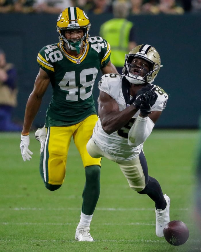 New Orleans Saints receiver Kirk Merritt (85) fails to make a diving catch against the Green Bay Packers. Tork Mason / USA TODAY NETWORK